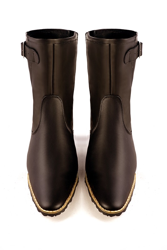 Dark brown women's ankle boots with buckles on the sides. Round toe. Medium block heels. Top view - Florence KOOIJMAN